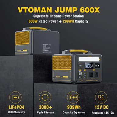 VTOMAN Jump 600X Portable Power Station 600W, 299Wh Solar Generator LiFePO4 Battery Power Station with 600W Pure Sine Wave (Surge 1200W) AC Outlet, PD 60W USB-C, 3x Regulated 12V/10A DC for Camping - Image 2