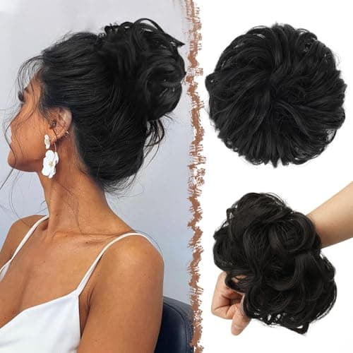 FESHFEN Messy Bun Hair Pieces - Large Wavy Curly Elastic Hair Bun Scrunchies Ponytail Extensions Synthetic Chignon Hairpieces for Women, Natural Black 1.94oz - Image 1