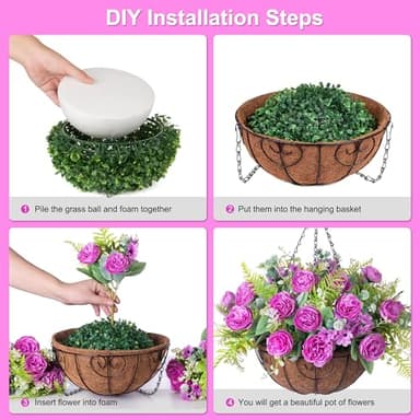 Ammyoo Artificial Flowers in Hanging Basket Planter for Home Spring Summer Decoration, Silk Rose Peony Outdoor Indoor Arrangements, 12" Metal Coconut Lining Basket with Faux Plant(Purple) - Image 3