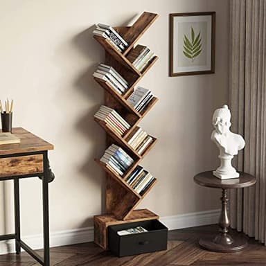 Rolanstar Tree Bookshelf with Drawer, 9 Shelf Bookshelf, Wooden Bookcase Storage Rack for CDs/Movies/Books, Corner Bookshelves, Utility Organizer Shelves for Living Room, Bedroom, Rustic Brown - Image 2
