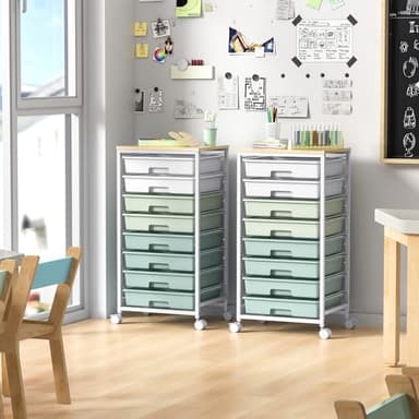 Rolling Storage Utility Cart Organizers with 8 Drawers and Wooden Tabletop for Living Room,Office,Classroom,Craft Room,Bedroom,Dorm,Green - Image 7