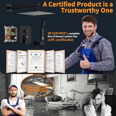 SR SUN RISE 12 Inches Matte Black Shower System 12 Inch Brass Bathroom Luxury Rain Mixer Shower Combo Set Wall Mounted Rainfall Shower Head System Shower Faucet Rough-in Valve Body and Trim Included - Image 2