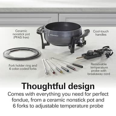Hamilton Beach 12 Cup Electric Fondue Pot Set with Temperature Control, 6-Color Coded Forks, for Cheese, Chocolate, Hot Oil, Broth, 3 Quart PFAS-Free Nonstick Interior, Gray (86202) - Image 4