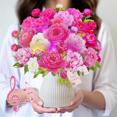 MZD8391 Birthday Cards with MUSIC & LIGHTS, Pop Up Happy Birthday Cards, Pink Penoy, 12 Inch Life Sized Forever Flower Bouquet Greeting Card Gifts for Women Mom Grandma - Image 1