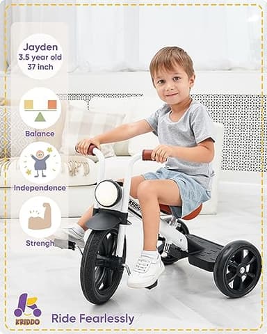 KRIDDO Kids Tricycle, 12 Inch Puncture Free Wheel w Front Light, Adjustable Seat Height, Gift for 2-5 Year Olds, White - Image 2