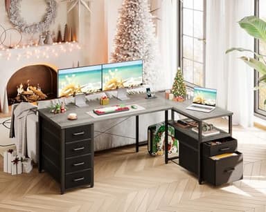 Coleshome L Shaped Computer Desk with 6 Drawers & Power Outlet, 55 Inch Corner Desk with Reversible Storage Shelf & File Drawer, Home Office Desk, Grey Oak - Image 4