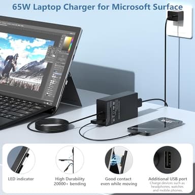 COWOOGMZ Surface Pro Charger-65W Surface Charger Compatible with Microsoft Surface Pro 9,8,7+,7,6,5,4,3,X,10,Surface Book 3,2,1,Surface Go 3,2,Surface Laptop Studio,Support 44W,36W,24W Surface Charger - Image 2