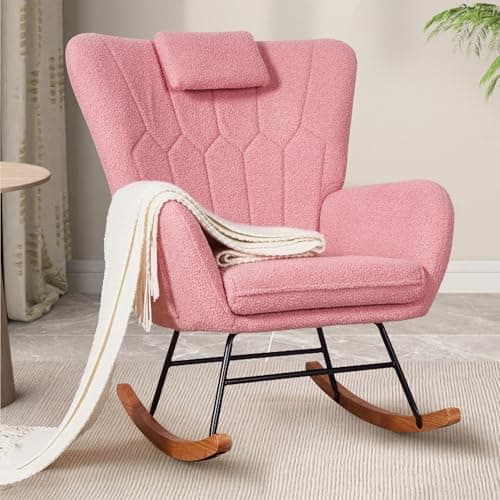 VECELO Rocking Chair Nursery with Thick Headrest, Modern Teddy Upholstered Reading Glider Rocker Accent Armchair with High Backrest, Padded Seat, Side Pocket, for LivingRoom, Bedroom, Baby Room, Pink - Image 1