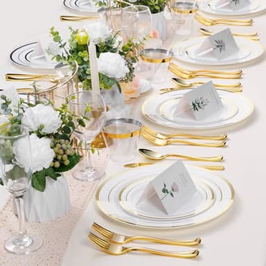 BESTSTAR 100PCS White Plastic Plates for Party, 10.25 Inch Disposable Plates with Gold Rim, Heavy Duty Dinner Plates for Christmas, Thanksgiving, Party, Wedding and Birthday - Image 7