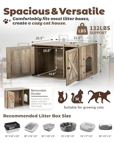 Upolana Cat Litter Box Enclosure, 32 inch Hidden Litter Box Furniture with Divider, Wooden Kitty Litter Box Cabinet End Side Table, Greige - Image 4