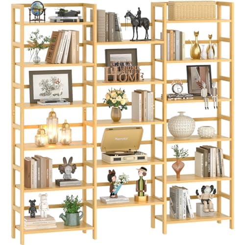 Homykic Bamboo Triple Wide Shallow Bookshelves and Bookcases, 6-Tier 6ft Tall Bookshelf with 17 Open Display Shelves, Large Freestanding Book Shelf for Home Office, Bedroom, Living Room, Natural - Image 1
