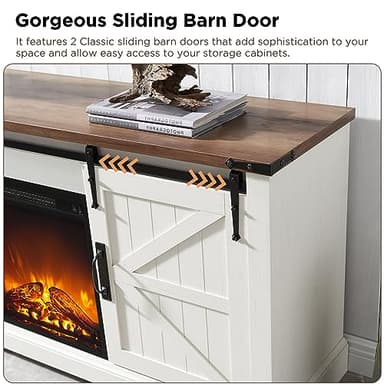 OKD Farmhouse Electric TV Stand for 65+ Inch TV, Rustic Entertainment Center with 18" Fireplace, Sliding Barn Door, Storage Shelves, Wood Media Console Cabinet for Living Room, Antique White - Image 3