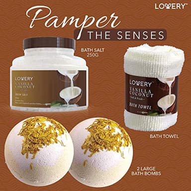 Gifts For Women Gift Basket for Women– 9 Piece Set of Vanilla Coconut Home Spa Set, Includes Fragrant Lotions, Extra Large Bath Bombs, Coconut Oil, Luxurious Bath Towel & More - Image 3
