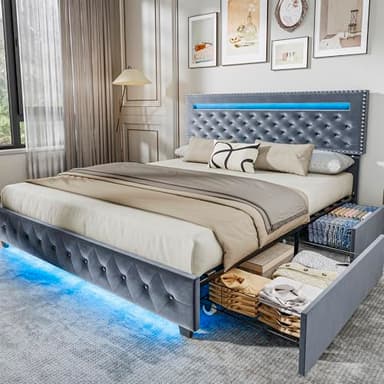 BedsPick King Size Bed Frame with LED Lights, Velvet Upholstered Platform King Bed Frame with 2 Storage Drawers and Adjustable Headboard, No Box Spring Needed King Bedframe (Light Grey, King) - Image 1