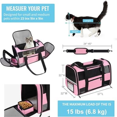 Simpelg Cat Carrier, Dog Carrier, Pet Carrier for Small Dogs Medium Cats Puppies Under 15 Lbs, TSA Airline Approved Carrier Soft Sided Dog Travel Carriers, Cat Carriers with Reflective Strip - Pink - Image 2