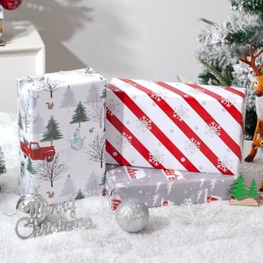 Cuitpan White Christmas Wrapping Paper Bundle for Kids Adults - Reindeer, Stripes, Woodlands, Snowflake, Red Truck Winter Scene Designs - 28 x 40 Inches, 6 Jumbo Sheets, Recycled - Image 5