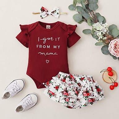 Mioglrie Newborn Baby Girl Clothes Romper Shorts Set Summer Clothes Floral Infant Girl Clothes Ruffle Clothing Wine Red Baby Girl Clothes 3-6 Months - Image 6