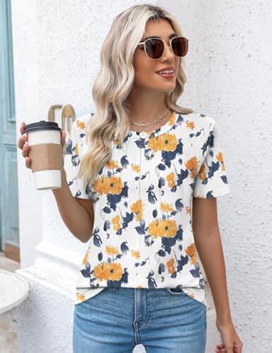 Kistore Women's Yellow Floral Shirts for Women Dressy Casual Short Sleeve Crew Neck Tunic Tops for Leggings L - Image 4