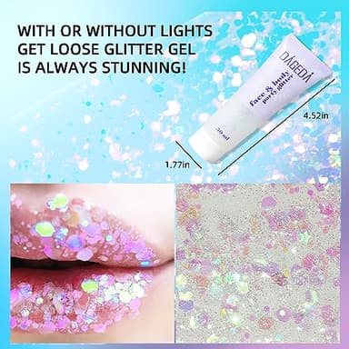 DAGEDA Body Glitter Gel, Face Glitter Body Gel Sequins Shimmer Liquid Eyeshadow, Chunky Glitter for Face Hair Nails, Holographic Cosmetic Laser Powder Festival Glitter Makeup 50ml(White) - Image 3
