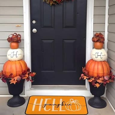 Orange Hello Pumpkin Fall Kitchen Rugs Set of 2, Autumn Harvest Pumpkin Thanksgiving Front Door Mat Floor Rug for Home Holiday Party Decor 17"x47"+17"x30" - Image 9