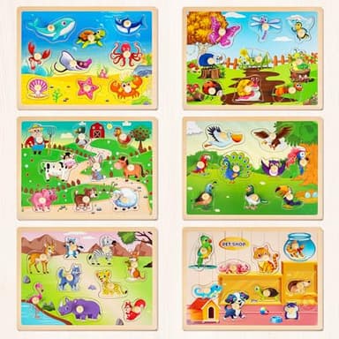 SYNARRY Wooden Puzzles for Toddlers 1-3, 6XSET Animals Puzzles for Toddlers 2-4 with Rack, Toddler Puzzles Ages 2-4, Kids Learning Educational Montessori Toys for 2 3 Year Old, Gifts for Boys Girls - Image 2