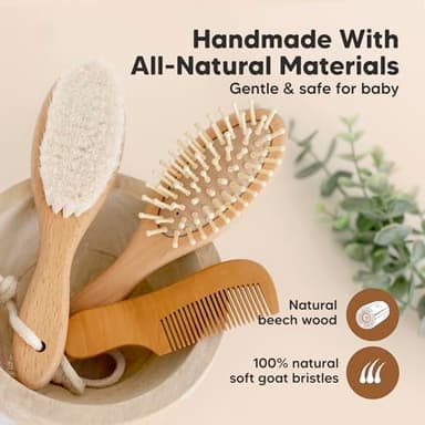 Baby Hair Brush and Comb Set for Newborn - Wooden Baby Hair Brush Set with Soft Goat Bristle, Baby Brush Set for Newborns Baby Brush and Comb Set Girl, Boy, Toddler Cradle Cap Brush (Oval, Walnut) - Image 4