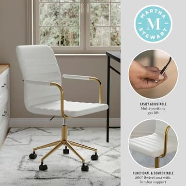 Martha Stewart Taytum Swivel Task Chair with Armrests for Home Office in White Faux Leather with Polished Brass Frame - Image 4