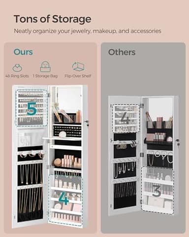 SONGMICS 55 Inches Tall Spacious Jewelry Cabinet, Jewelry Armoire with Light-Up Interior Mirror, Wall or Door Mounted Jewelry Storage Organizer, Lockable, Gift Idea, Cloud White UJJC032W01 - Image 4