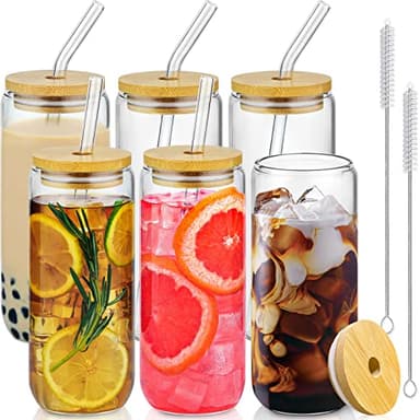20 Oz Drinking Glasses with Bamboo Lids and Glass Straw - 6 Pcs Glass Cups Beer Ice Coffee Glasses Cute Aesthetic Cup Great for Coffee Bar Accessories Include 2 Cleaning Brushes - Image 1