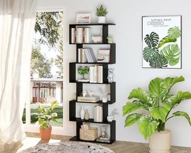 Yusong Bookshelf 6-Tier, Geometric Bookcase S Shaped Book Shelves for Bedroom, Modern Wood Decorative Display Shelf Tall Book Case for Home Office, Black - Image 2