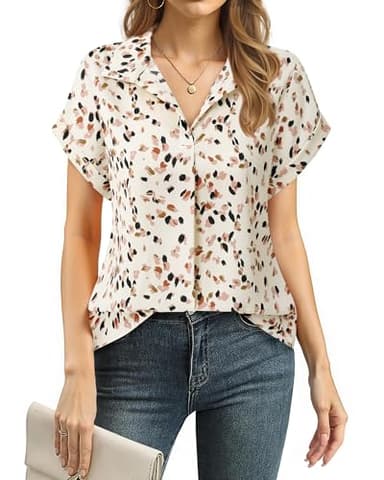 Timeson Summer Tops for Women: Dressy Casual – Short Sleeve Shirts for Women – Ladies Office Blouses Formal Trendy 2025 Cute Business Work Attire Chiffon Professional Interview Outfits Beige Dots L - Image 3