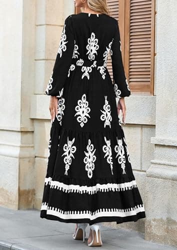 PRETTYGARDEN Women's 2025 Fall Wedding Guest Dresses Boho Floral Long Sleeve V Neck Flowy Elegant Maxi Dress Beach Clothes (Floral Black White,Large) - Image 5