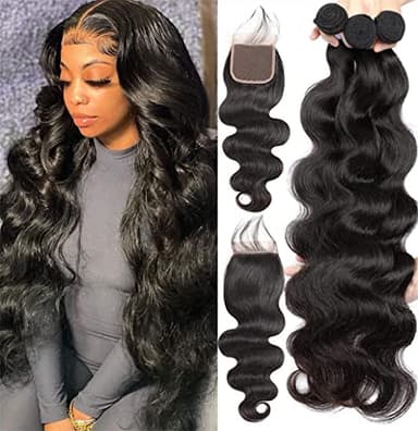 Brazilian Human Hair 3 Bundles with Closure（20 22 24+18）Body Wave 100% Unprocessed Virgin Hair Bundles with 4x4 Lace Closure Free Part Natural Black Color - Image 1