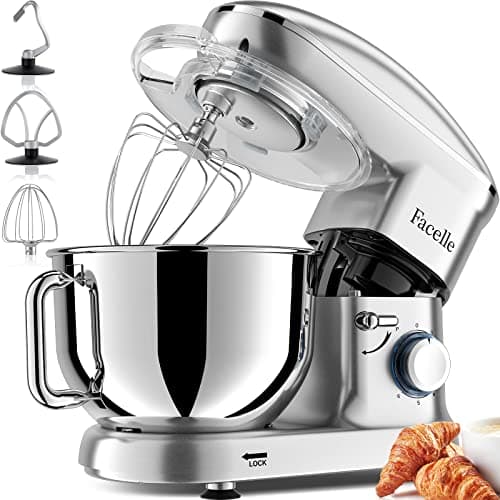 Facelle Stand Mixer, Electric Kitchen Mixer, 6 Speed Tilt-Head Stand Mixer with Pulse, Attachments include 6.5QT Bowl, Dishwasher Safe Beater, Dough Hook, Whisk for Dough, Baking,Cakes, Cookie -Silver - Image 1