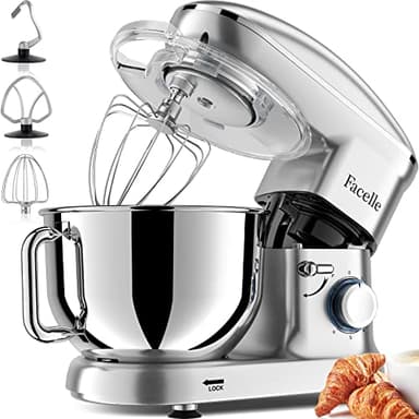 Facelle Stand Mixer, Electric Kitchen Mixer, 6 Speed Tilt-Head Stand Mixer with Pulse, Attachments include 6.5QT Bowl, Dishwasher Safe Beater, Dough Hook, Whisk for Dough, Baking,Cakes, Cookie -Silver - Image 1