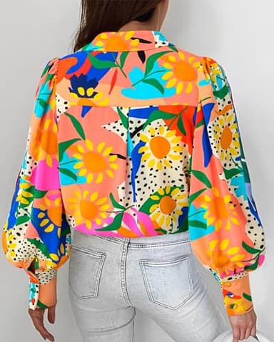 BTFBM Women Fashion Button Down Shirts V Neck Printed Solid Boho Long Sleeve Blouses Dressy Casual Summer Fall Tops(Multi Orange, Large) - Image 3
