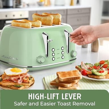 Mueller Retro Toaster 4 Slice with Extra Wide Slots Bagel, Defrost, and Cancel Function, 6 Browning Levels, Dual Independent Controls, Removable Crumb Tray and High Lift Levers, Sage Green - Image 6