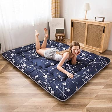 MAXYOYO Japanese Floor Mattress Navy Floral Printed Futon Mattress Foldable Floor Bed Roll Up Camping Mattress Floor Lounger Queen Size Bed Mattress - Image 3
