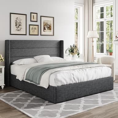 Allewie Queen Size Lift Up Storage Bed, Modern Wingback Headboard, Hydraulic Support, No Box Spring Needed, Dark Grey - Image 8