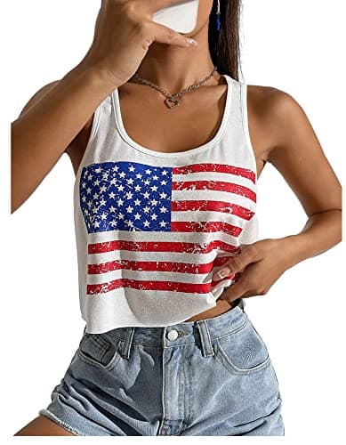 Women's Sexy American Flag Crop Tank 4th of July Patriotic Sleeveless Tee Tops (White,M)