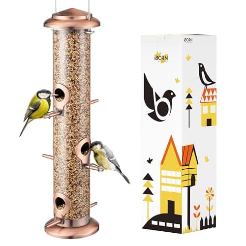 iBorn Metal Bird Feeders Brushed Copper Wild Bird Feeder for Outdoors Hanging All Metal Brushed Copper Finishing 14 Inch 6 Port(Seed is not Included) - Image 1