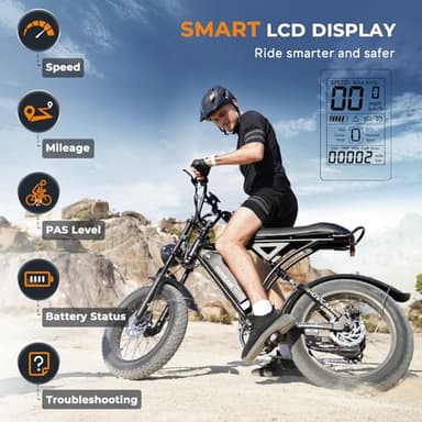 Movcan V60 Electric Bike for Adults, 1000W Motor 30MPH Top Speed 20” Fat Tire Electric Bike, 48V 15.6Ah Removable Battery Ebike, 7-Speed Full Suspension Electric Dirt Bike, Black - Image 7