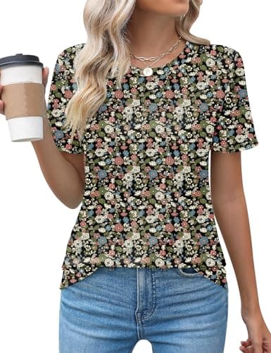 Kistore Womens Fashion Plus Size Short Sleeve Crew Neck Pleated Loose Fitting Summer Floral Tops for Women 3XL - Image 1