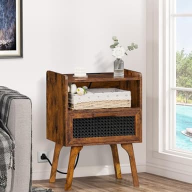 Lerliuo Rattan Nightstands Set of 2 with Charging Station, Boho Side Table with Drawer Open Shelf, Cane Accent Bedside End Table with Solid Wood Legs for Bedroom, Dorm and Small Spaces (Brown) - Image 6