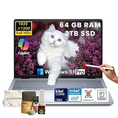 Dell 16-Inch Touchscreen Laptop Computer – Intel Core 7 150U, 64GB DDR5 RAM, 2TB SSD, 16" FHD+ IPS Display, Ai Copilot, Fingerprint Reader, Backlit KB, 1080p Webcam, Win 11 Pro, w/Accessories - Image 1