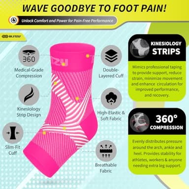 BLITZU Compression Socks for Plantar Fasciitis, Achilles Tendonitis, Arthritis Relief, Ankle Brace Compression Sleeve with Foot Arch Support, Ankle Wrap for Women, Men, Swelling & Heel Pain Pink S-M - Image 4