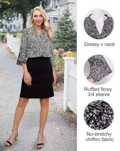 Gaharu Work Blouses for Women Fashion 2025 3/4 Sleeve Ladies Tops and Blouses Dressy Fall V Neck Ruffle Sleeve Blouse Flowy Shirts Chiffon Lightweight Tunic Top Office Wear Multi-Black,L - Image 4