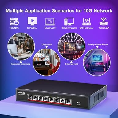 YuanLey 8-Port 10G Ethernet Switch, 8 x 10Gbps RJ45 Ports, Support 10G/5G/2.5G/1G/100Mbps Speed Auto-Negotiation, 160Gbps Switching Capacity, Unmanaged Switch Rackmountable, Plug and Play - Image 7