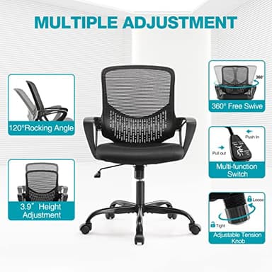 Desk Computer Chair with Wheels Ergonomic Home Office Chair with Lumbar Support and Fixed Armrests, Mid Back Mesh Chair Rolling Swivel Chair，Black - Image 4