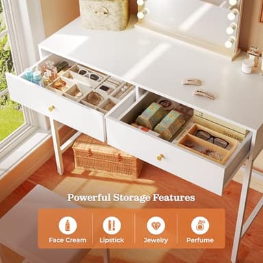 SUPERJARE 35.4" White Desk with 2 Drawers, Modern Makeup Vanity with Padded Stool, Small Computer Desk Home Office Desk for Writing Study Bedroom - Image 4